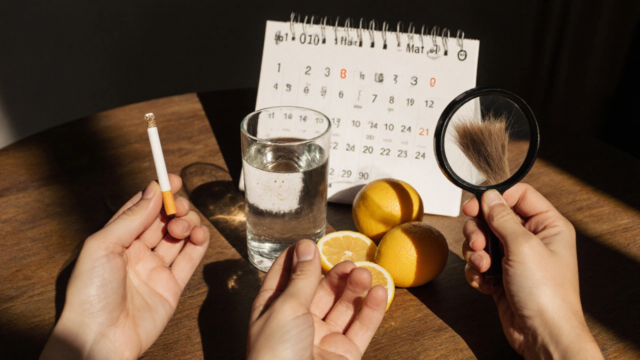 Tři objekty na stole: zhaslá cigareta, voda s citrusy a vlákno vlasu pod lupou.