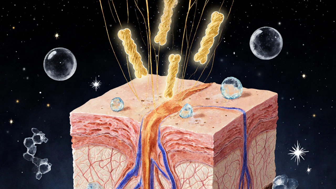 Vizuální reprezentace kolagenu v kůži během spánku s vitamínem C a hyaluronovou kyselinou.