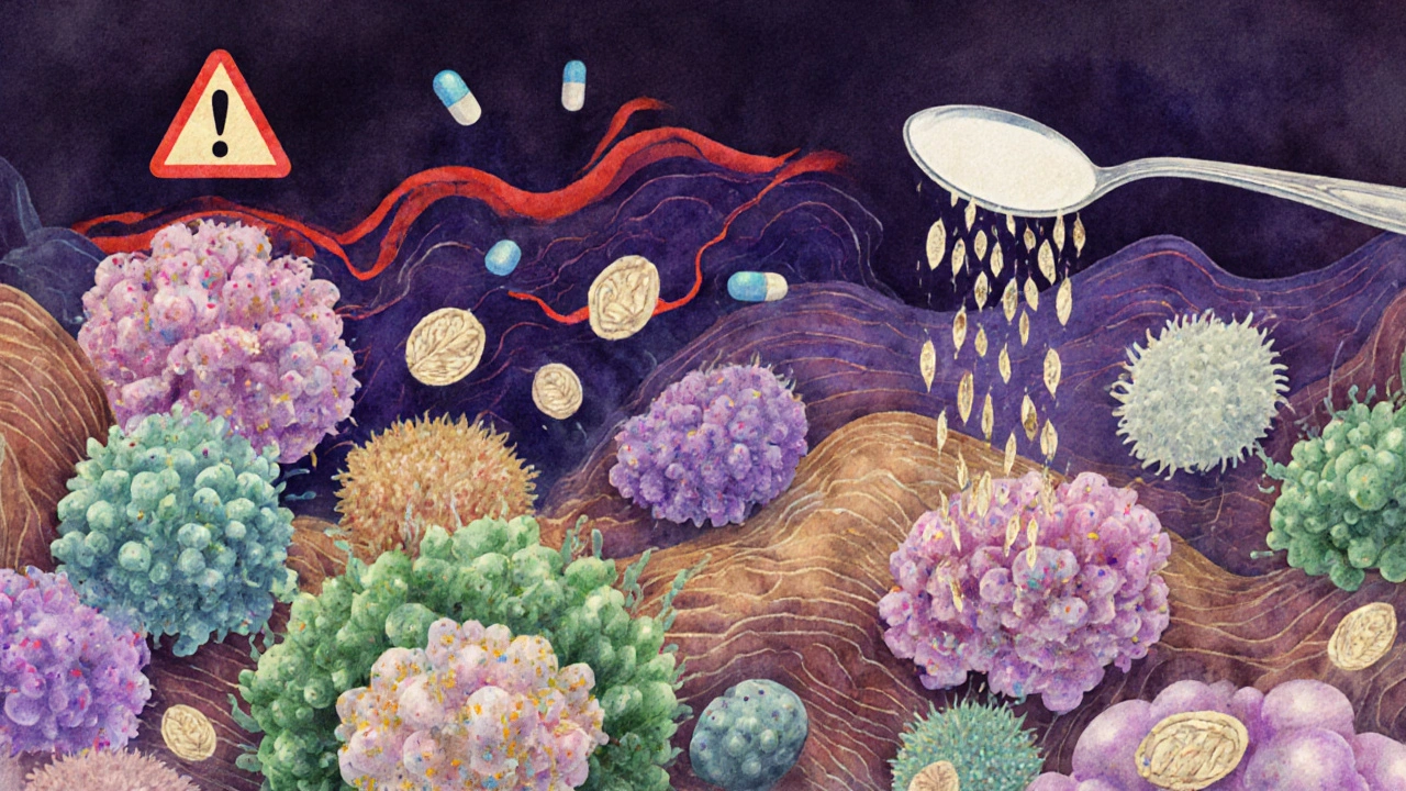 Vnitřek střeva jako živý ekosystém s bakteriemi a prebiotickými vlákninami.