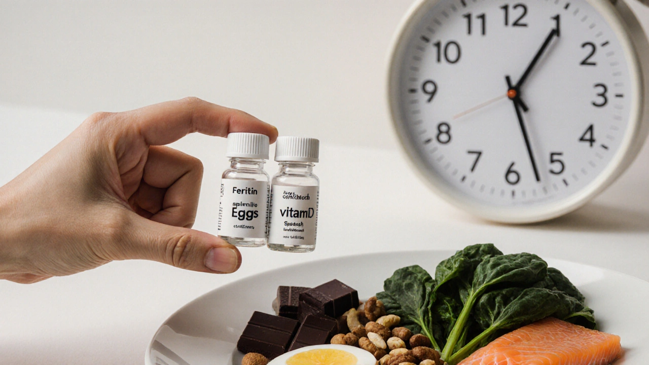 Výživné potraviny pro zdravé vlasy s krevním testem a časovou osou 6 měsíců.