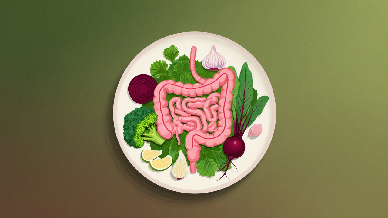 Zdravá jídla tvoří tvar trávicího ústrojí na talíři, symbolizující přirozenou rovnováhu pro trávení.