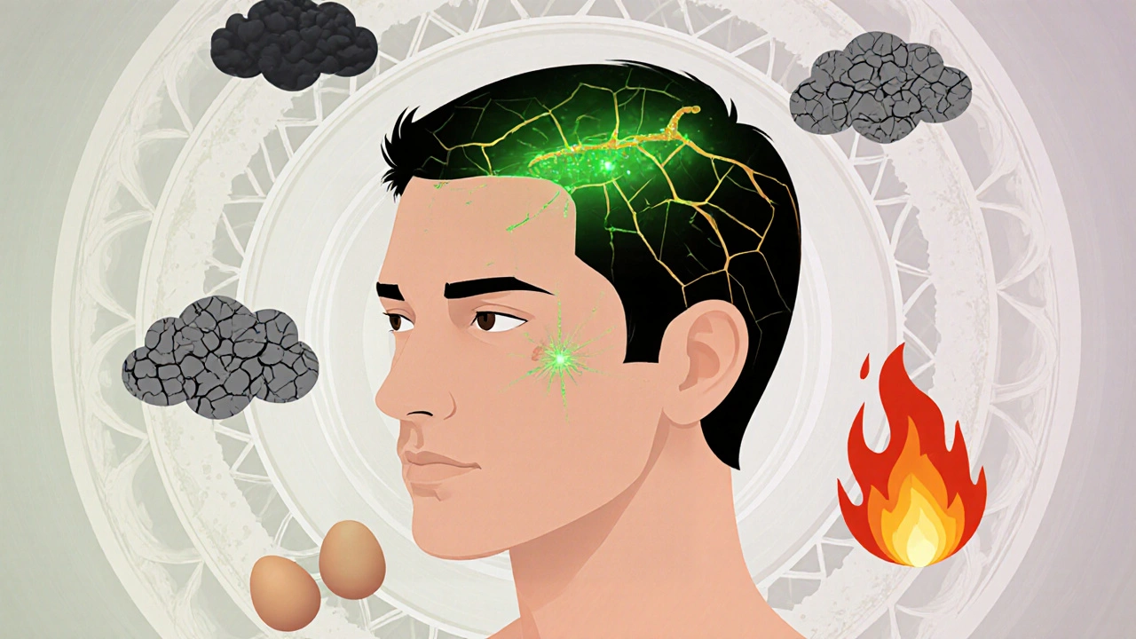 Zdravé a poškozené vlasové folikuly na kůži hlavy s symboly stresu a špatné výživy.