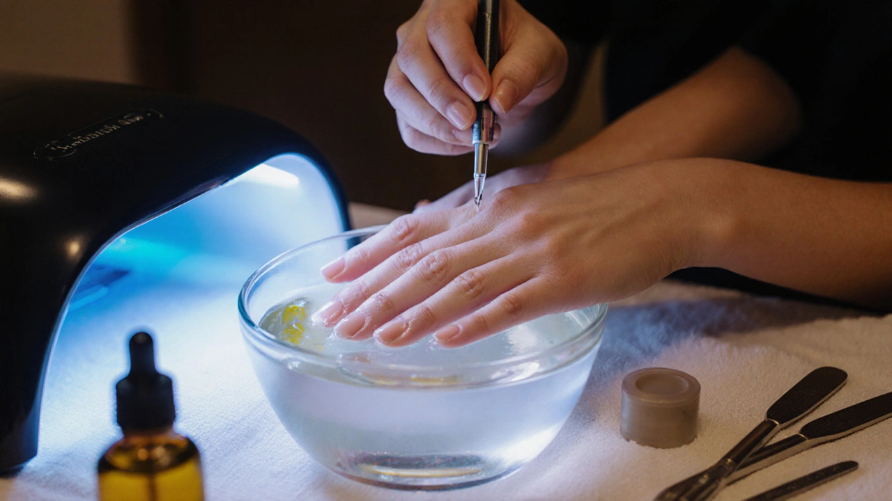 Žena namáčí nehty v oleji, zatímco manikýrka opravuje mezery v US kroužku.