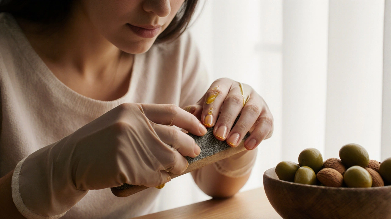 Žena piluje nehty v rukavicích, vedle ní oříšky a olivový olej, teplé osvětlení.