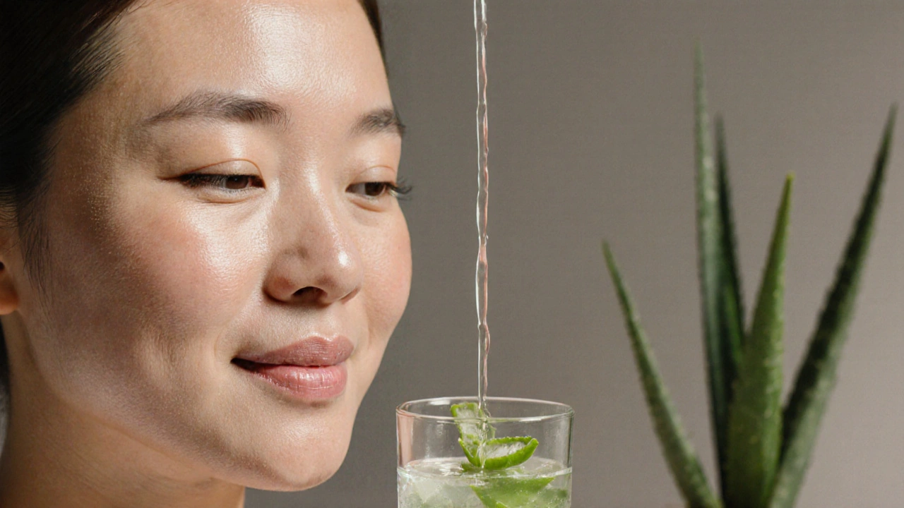 Žena s polovinou tváře zdravě zářící a druhou polovinou suchou, propojené proudem gelu z aloe vera.
