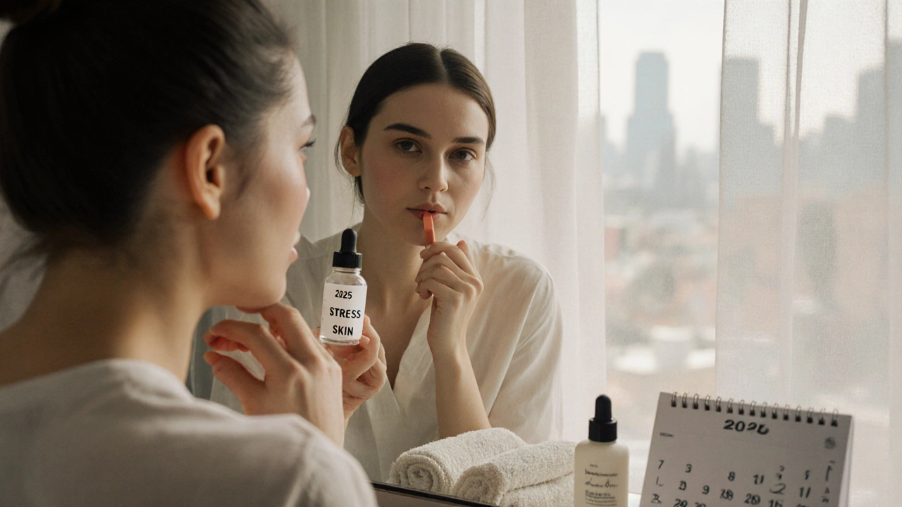 Žena se dívá do zrcadla s výrobkem pro stresovou pleť, symbolizující moderní výzvy péče.