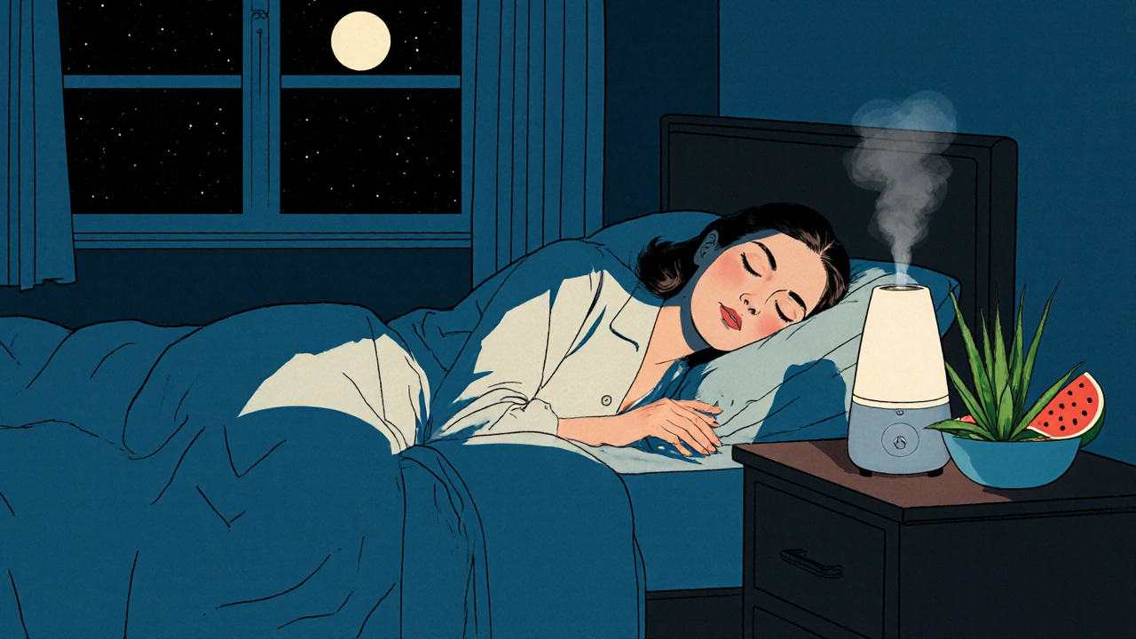 Žena spí v klidné ložnici s vlhčičem vzduchu a čerstvou aloe verou na nočním stole.