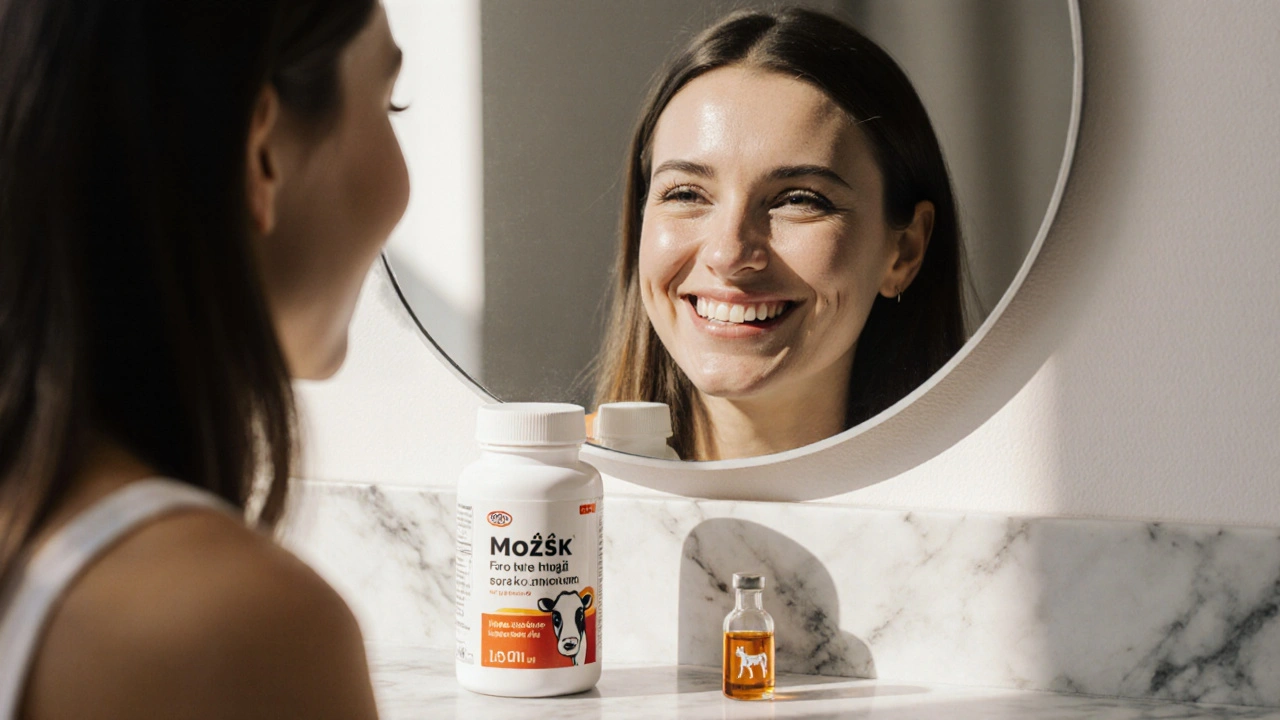 Žena v polovině věku se dívá do zrcadla, vedle ní stojí lahvičky s doplňky kolagenu a vitamínem C.