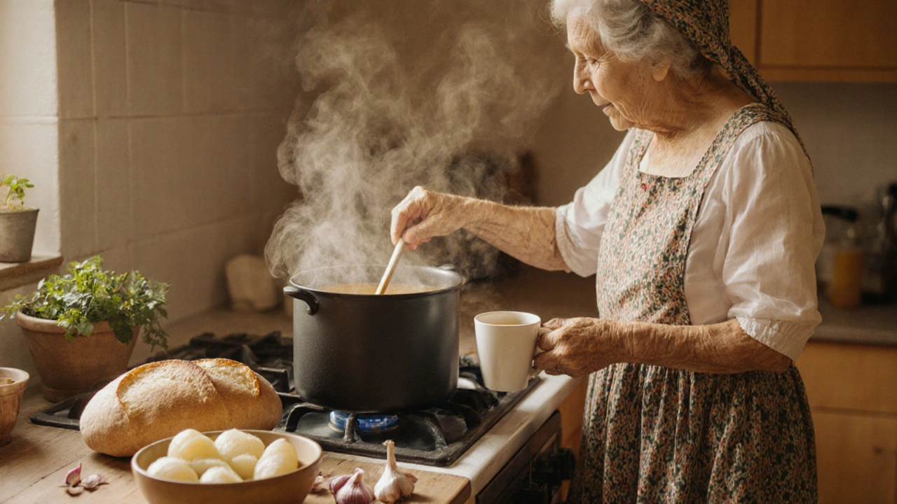 Žena vaří bylinný čaj v české kuchyni s jednoduchými potravinami