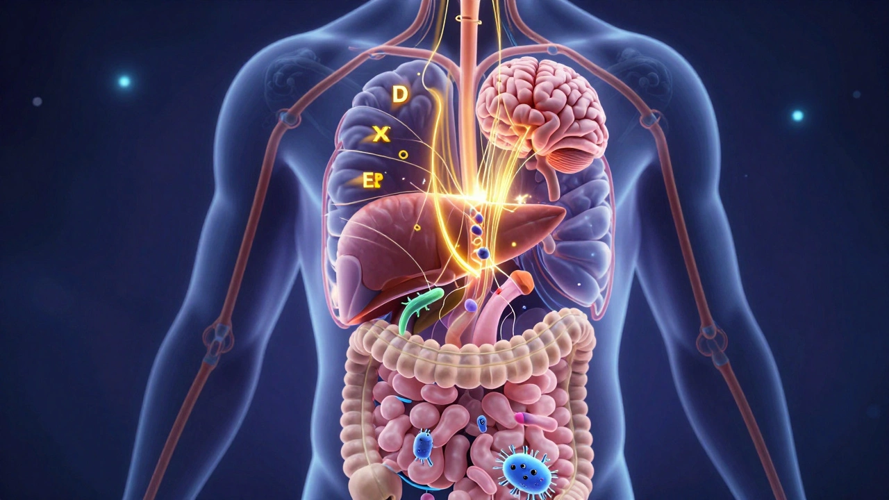 Abstraktní obrázek těla v noci s tokem vitamínů a spalováním tuků v buňkách.