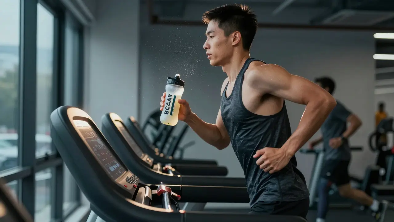 Běžec během dlouhého tréninku pije BCAA z láhve
