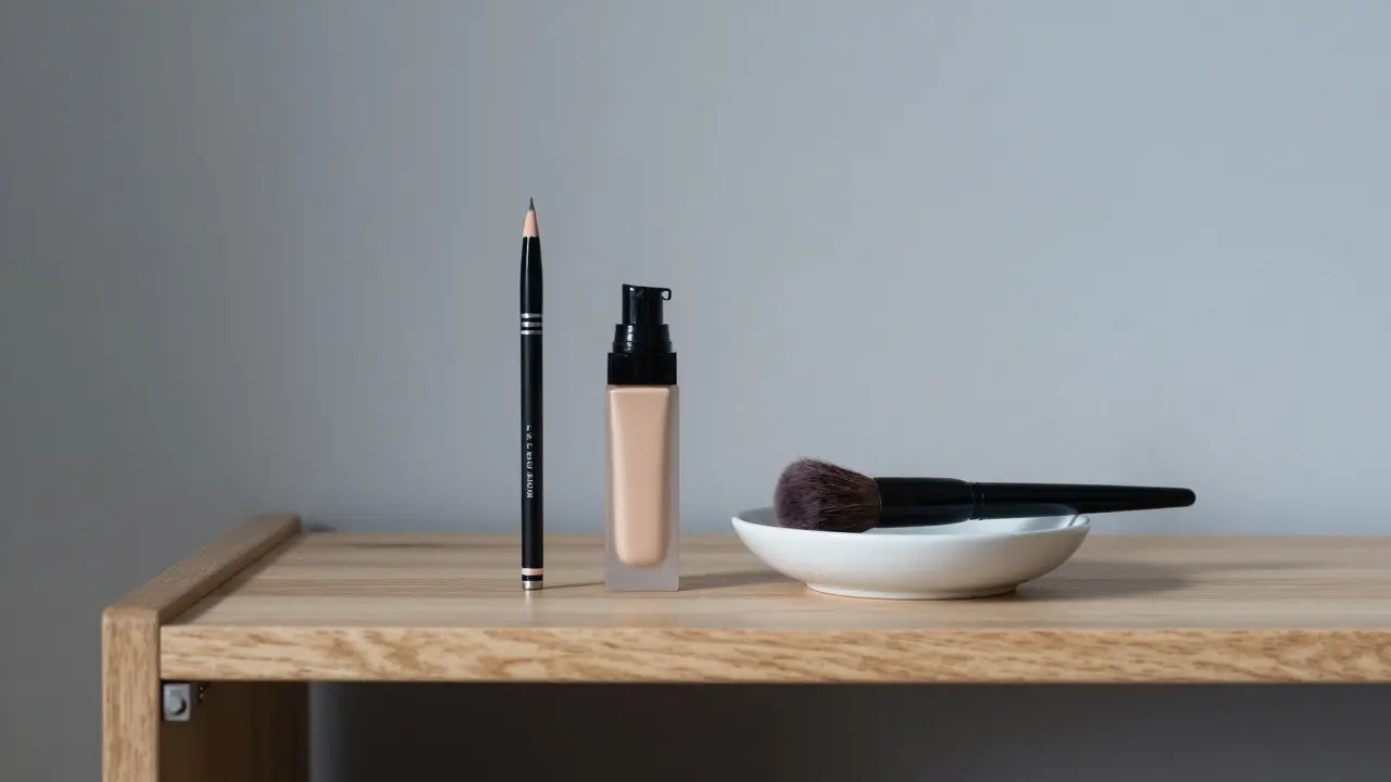 Čistá regálová polička s dobře udržovanou kosmetikou v klidné ložnici.