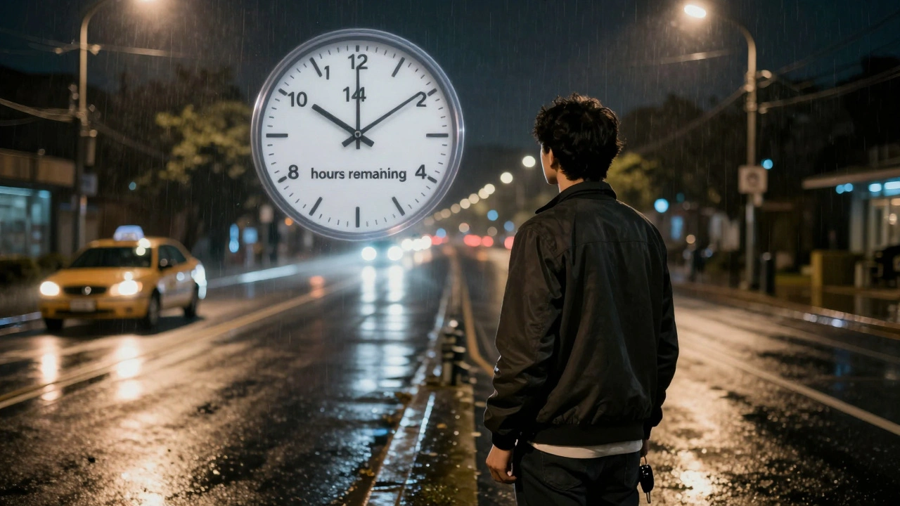 Člověk stojící v noci s klíči od auta, když se dívá na taxík v dálce.