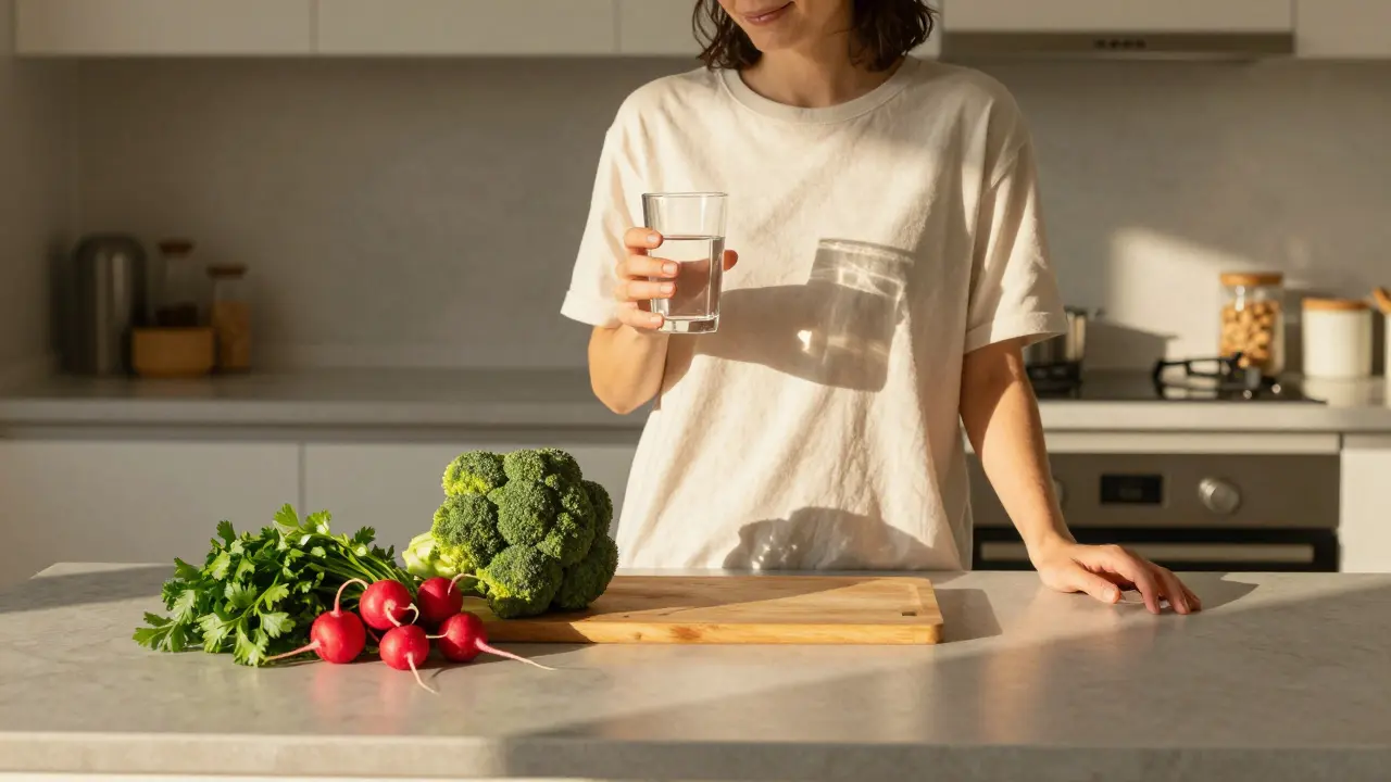 Člověk v kuchyni s vodou a čerstvou zeleninou v slunečním světle.