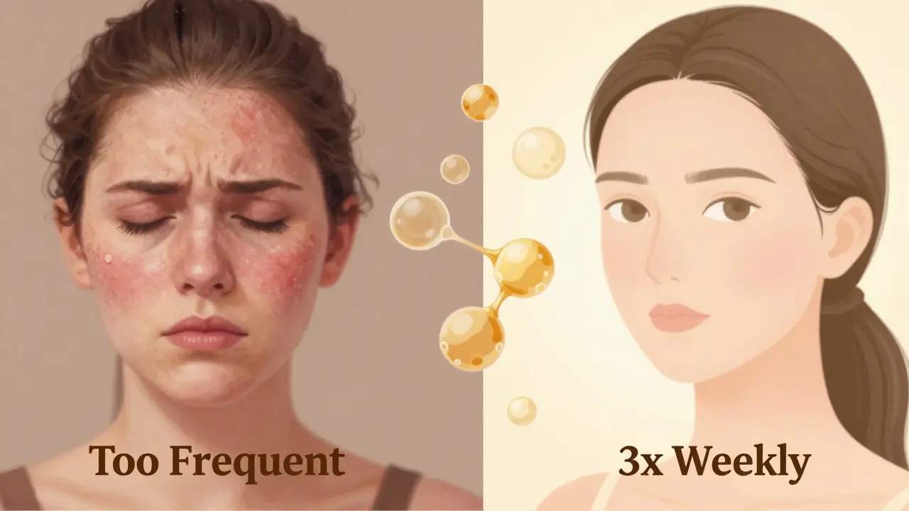 Dvě části obrazu: podrážděná pleť vs. hladká, zářivá pleť s molekulami retinolu mezi nimi.