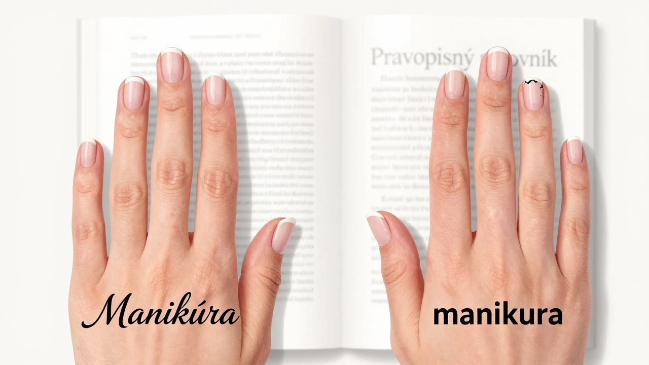 Dvě ruce s nehty: jedna správně označená &#039;manikúra&#039;, druhá chybně &#039;manikura&#039;.