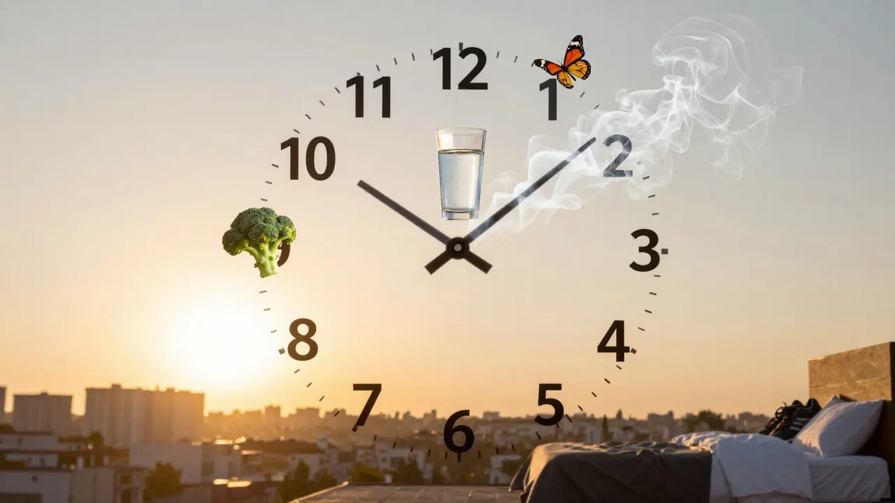 Hodiny s kouřem, který se mění v motýly, symbolizují detoxikaci a obnovu po přestání kouřit.