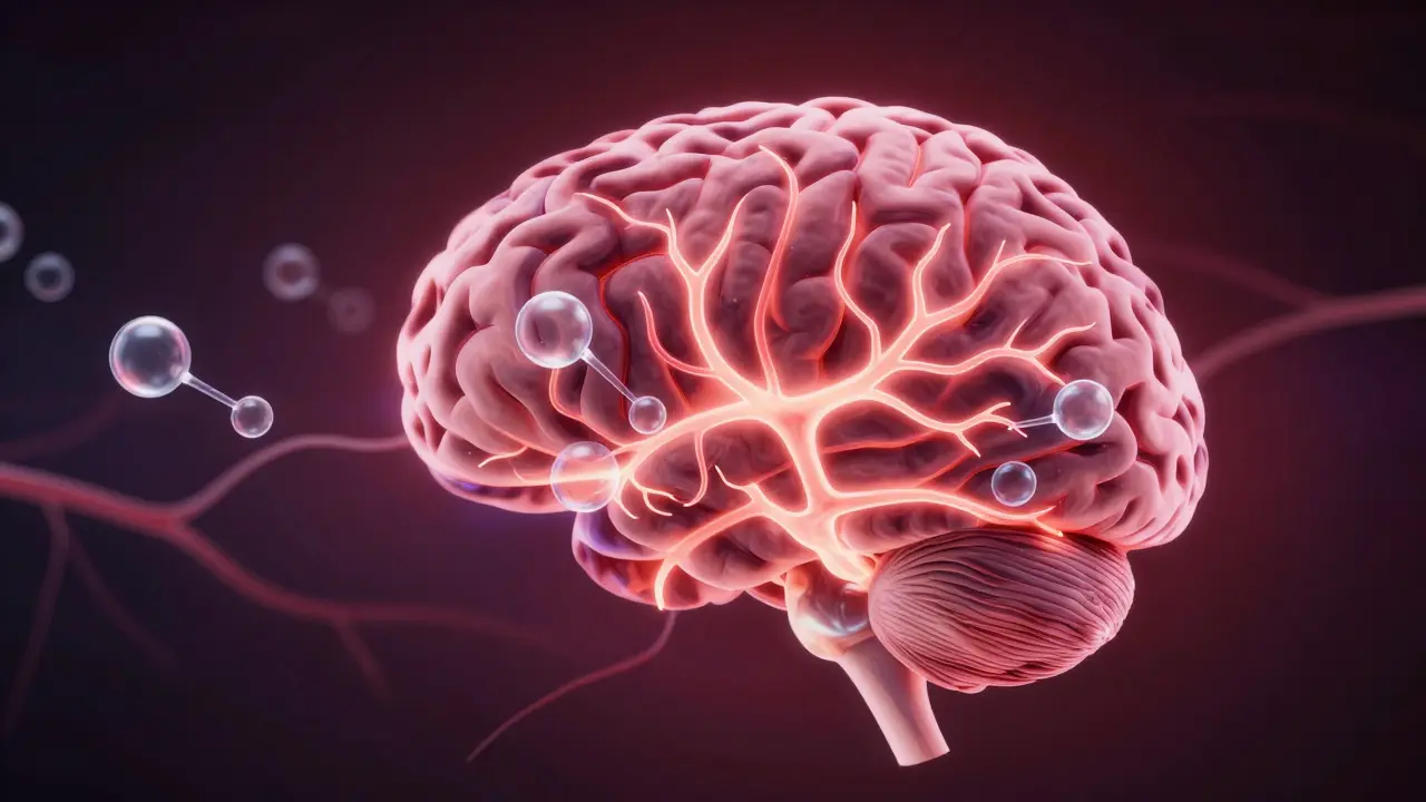 Ilustrace mozku s pomalu se šířícími alkoholovými molekulami v nervových cestách.