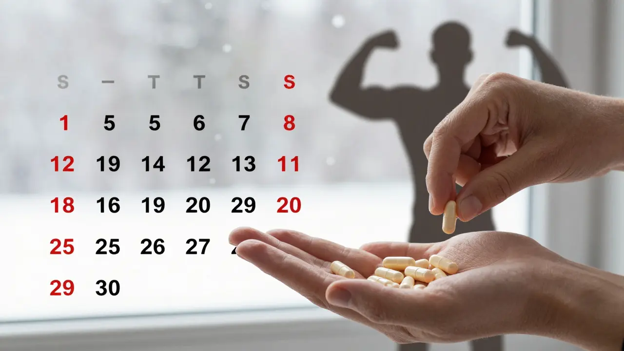 Kalendář s každodenními doplňky v zimě symbolizující pravidelnou podporu imunity.