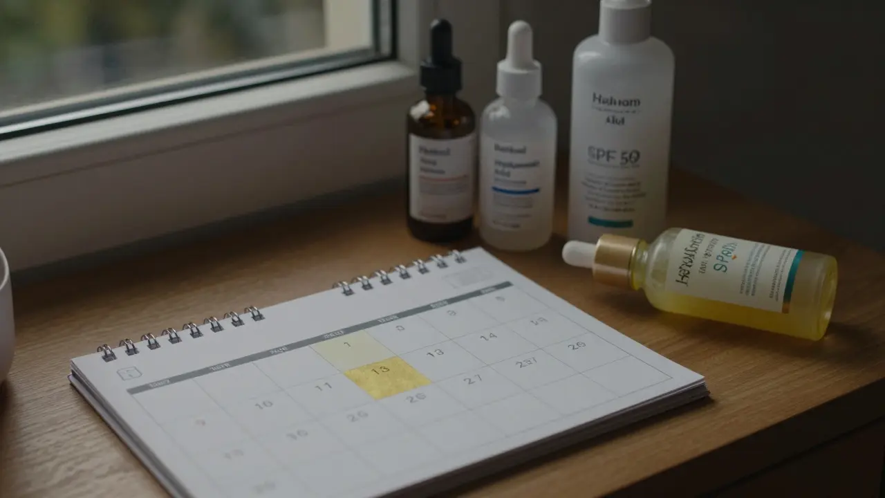 Kalendář s označenými třemi večery použití retinolu, vedle něj láhve péče o pleť a vyhozená neúčinná láhev.