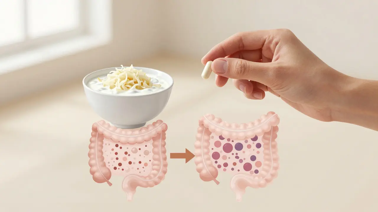 Kapsle probiotik a kvašené potraviny vedle průřezu zdravého střeva.