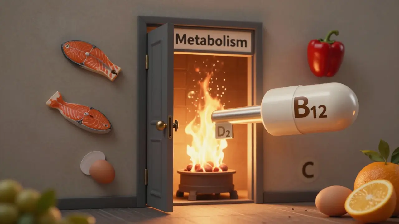 Klíč ve tvaru vitamínu odemyká dveře s nápisem 'Metabolismus' za nimiž hoří tuk.