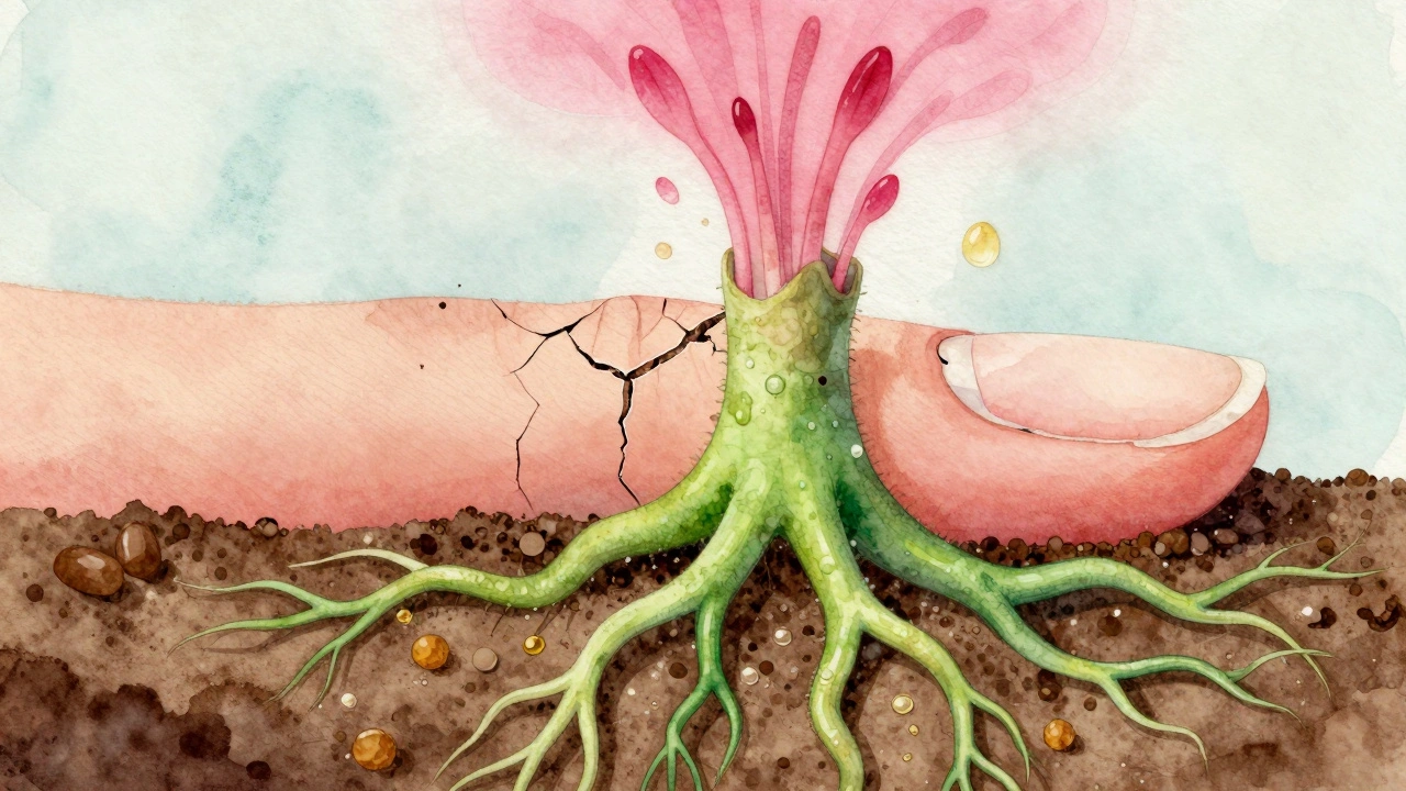 Konce nehtů jako kořeny živých buněk, které vstřebávají vitamíny pro obnovu.