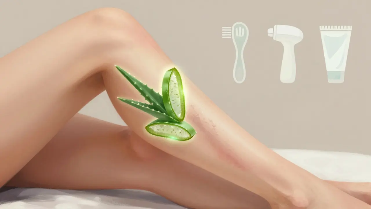 Koncepční obraz chráněné pokožky s aloe verou a alternativními metodami depilace jako lehké ikony.