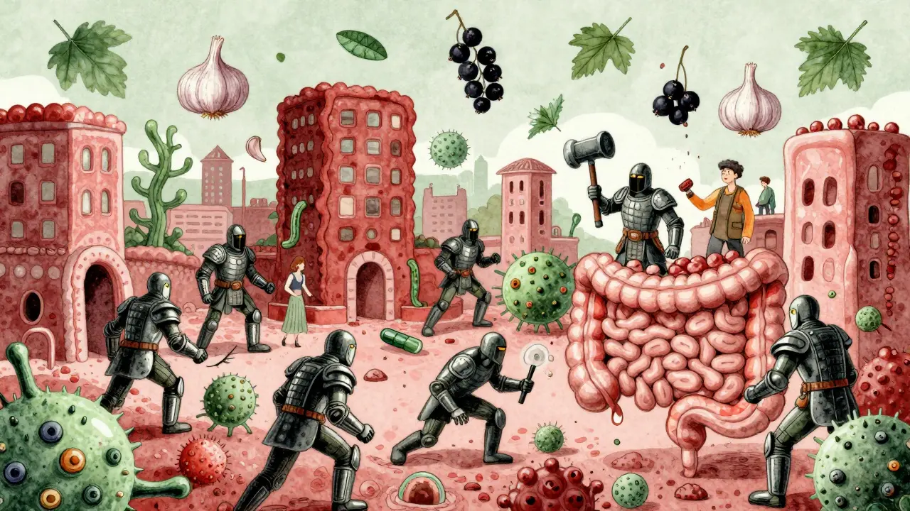 Koncepční scéna probiotik jako válečníků bojujících proti E. coli ve střevech s přirozenými prostředky.