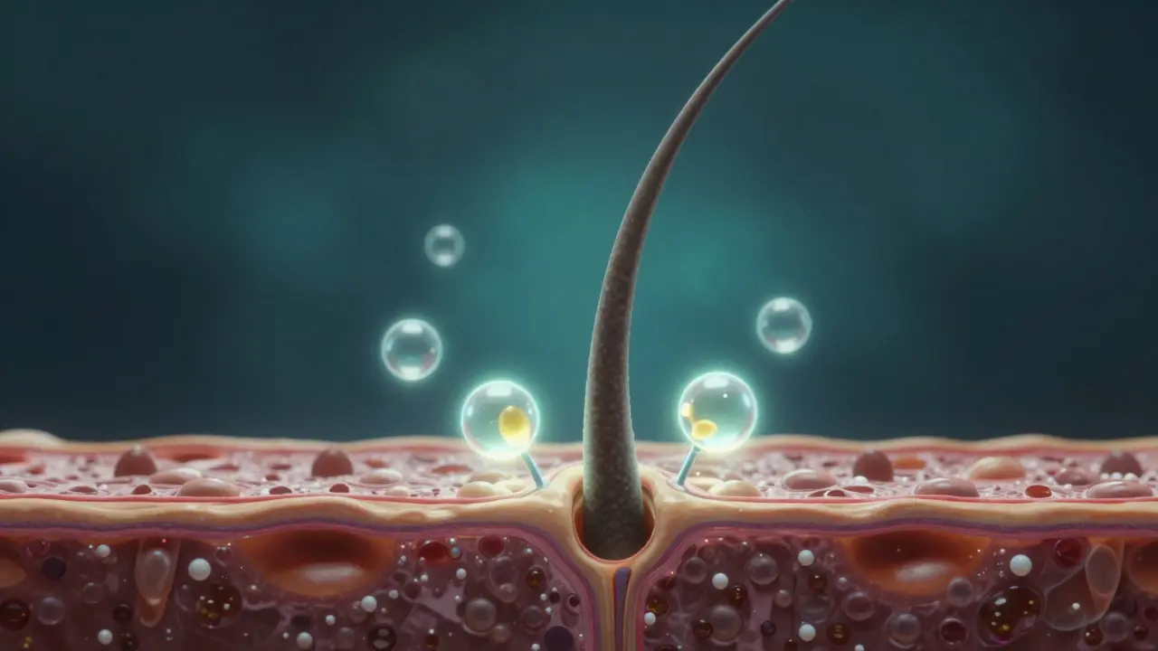 Křížový řez vlasového folikulu s molekulami zinku a vitamínu E.