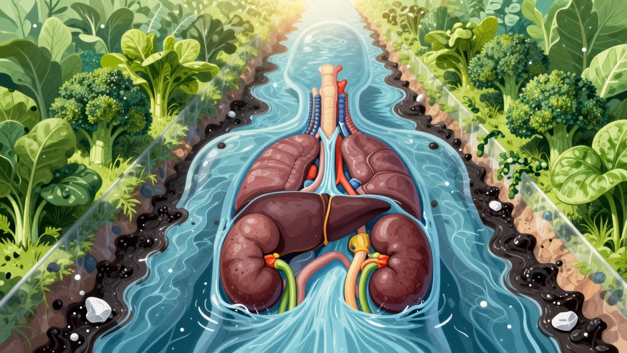 Lidské tělo jako krajina s čistými tokami a zelenými zeleninami, odstraňujícími špínu.