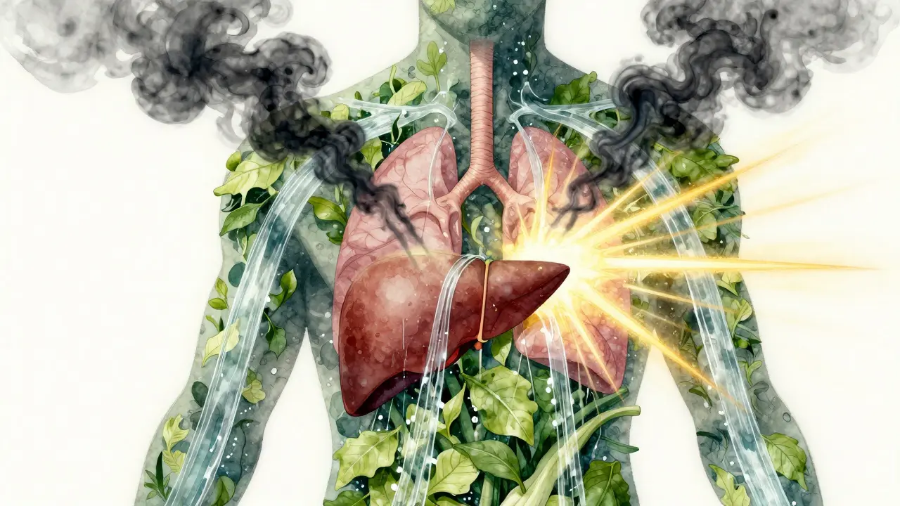 Lidské tělo v siluetě, kde čistá voda, zelenina a pohyb odstraňují toxiny z plic a jater.