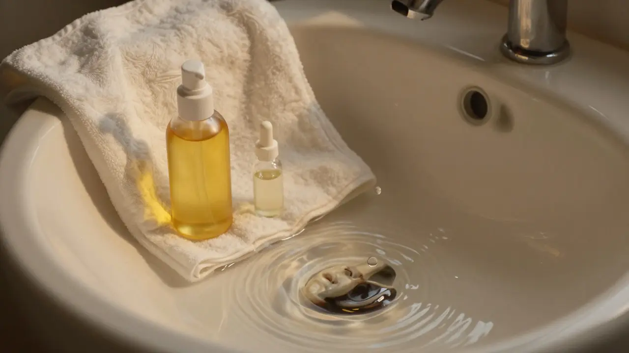 Měkký hadřík a olejová láhev na umyvadle s kapekou vody tvořící obličej.