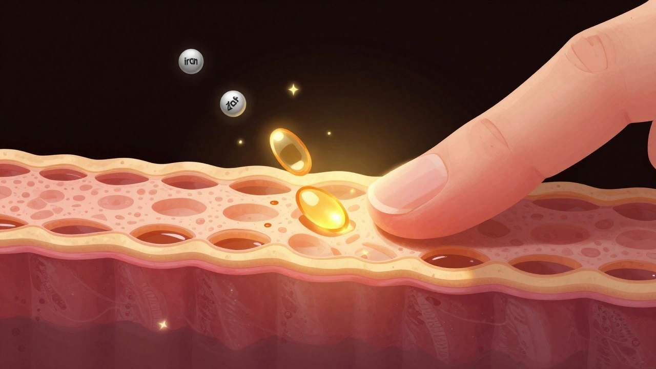 Mikroskopický řez nehtovým lůžkem s chybějícími živinami v keratinové struktuře