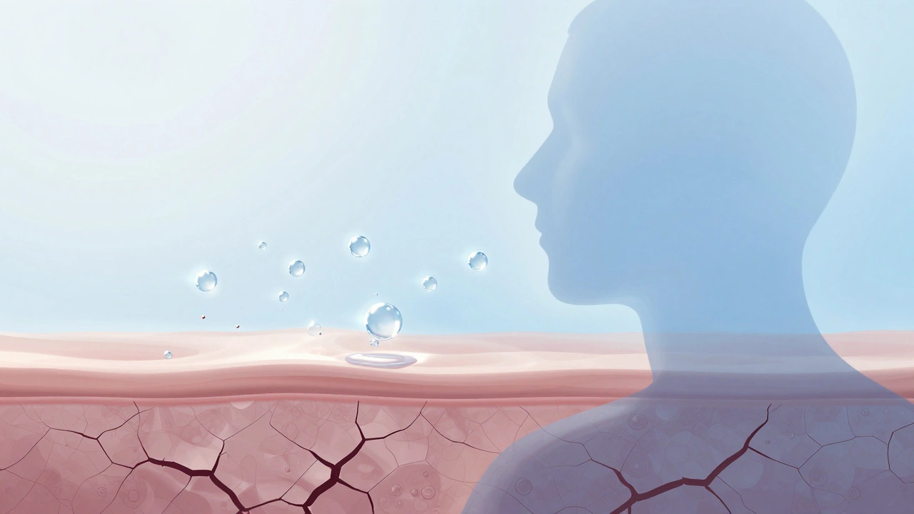 Molekuly glycerinu přitahují vodu do kůže v abstraktním stylu.