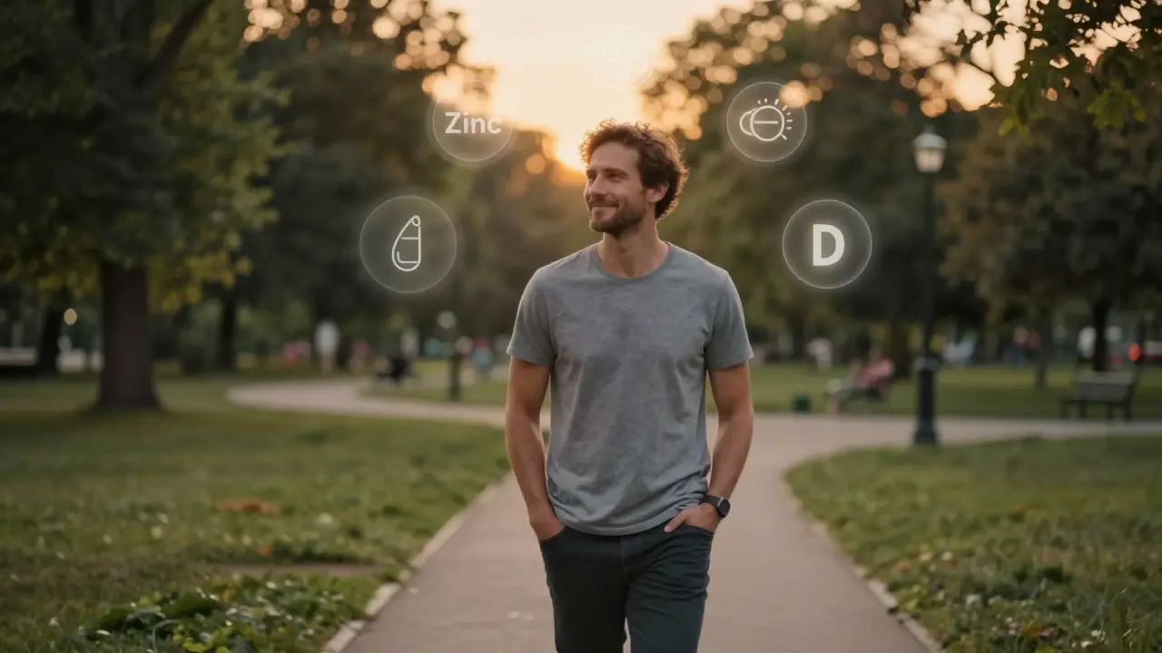 Muž prochází parkem večer, kolem něj plavou průhledné ikony vitamínů.