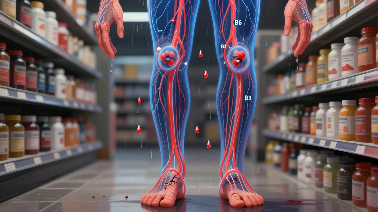 Nervový systém s přebytečnými vitamíny B poškozujícími končetiny.