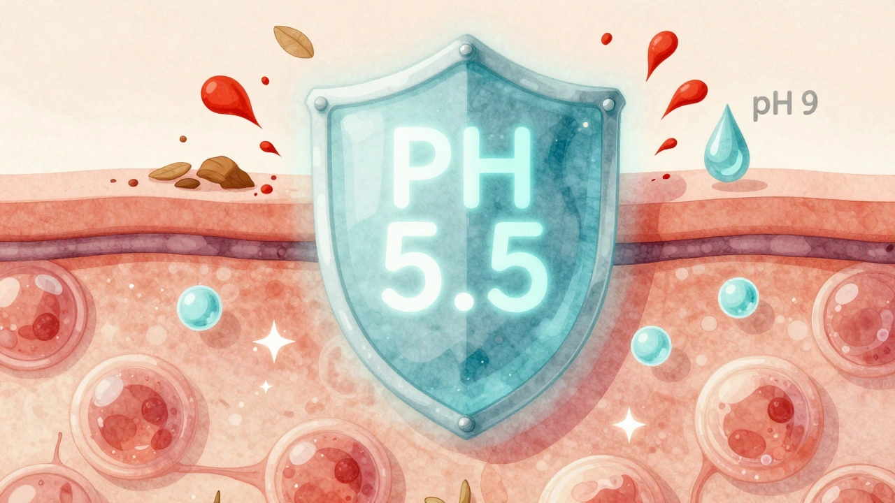 Obrázek kůže s ochrannou vrstvou pH 5,5 odporující drážděním a suchosti.