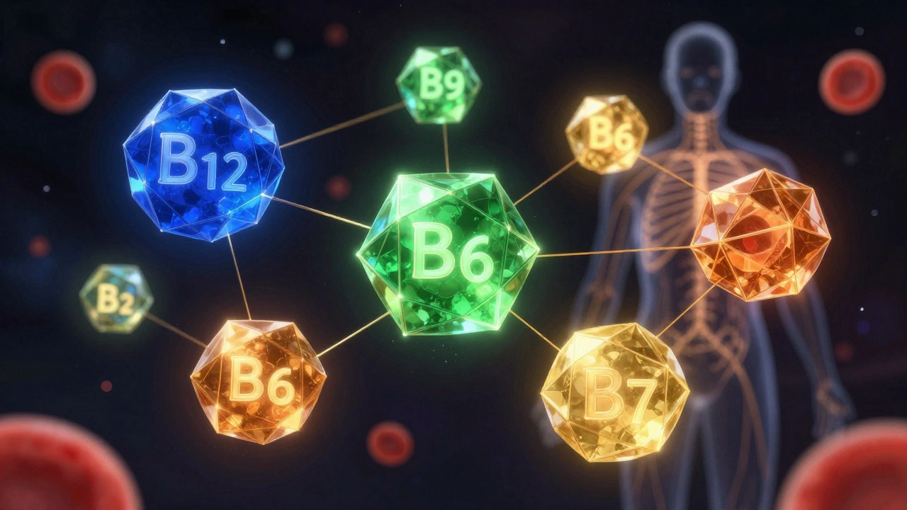 Osm svítících vitamínů B tvoří kosmickou síť s lidským obrazem a krvinkami.