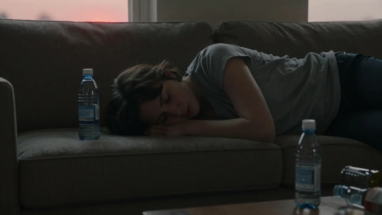 Osoba leží na kanapě ráno, vedle ní láhev vody, v pozadí prázdné lahve.