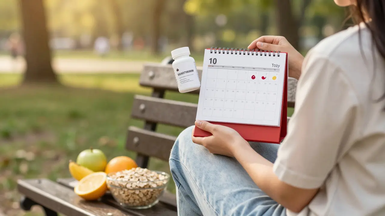 Osoba po návratu z dovolené pije vodu a jí ovoce s probiotiky.