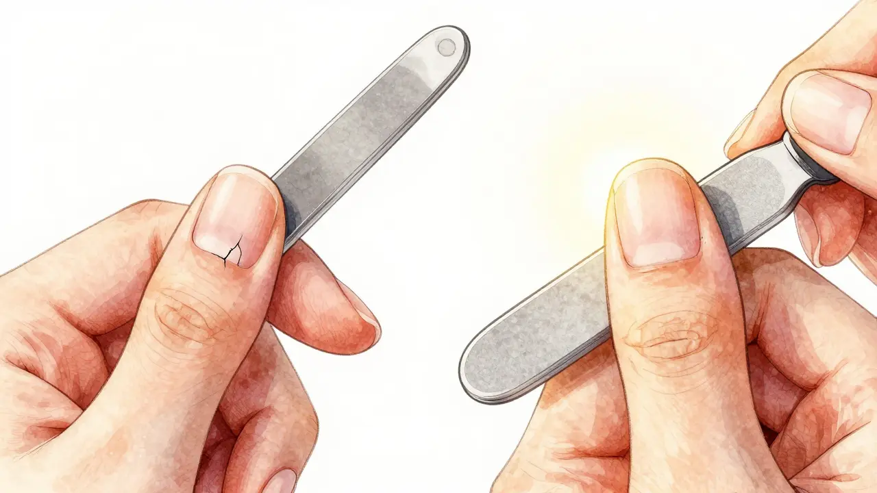 Porovnání správného a špatného pilování nehtů s viditelnými mikrotrhlinami.