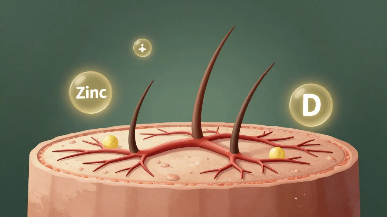 Přehled pokožky hlavy s krevními cévami napájejícími vlasové folikuly a klíčovými živinami.