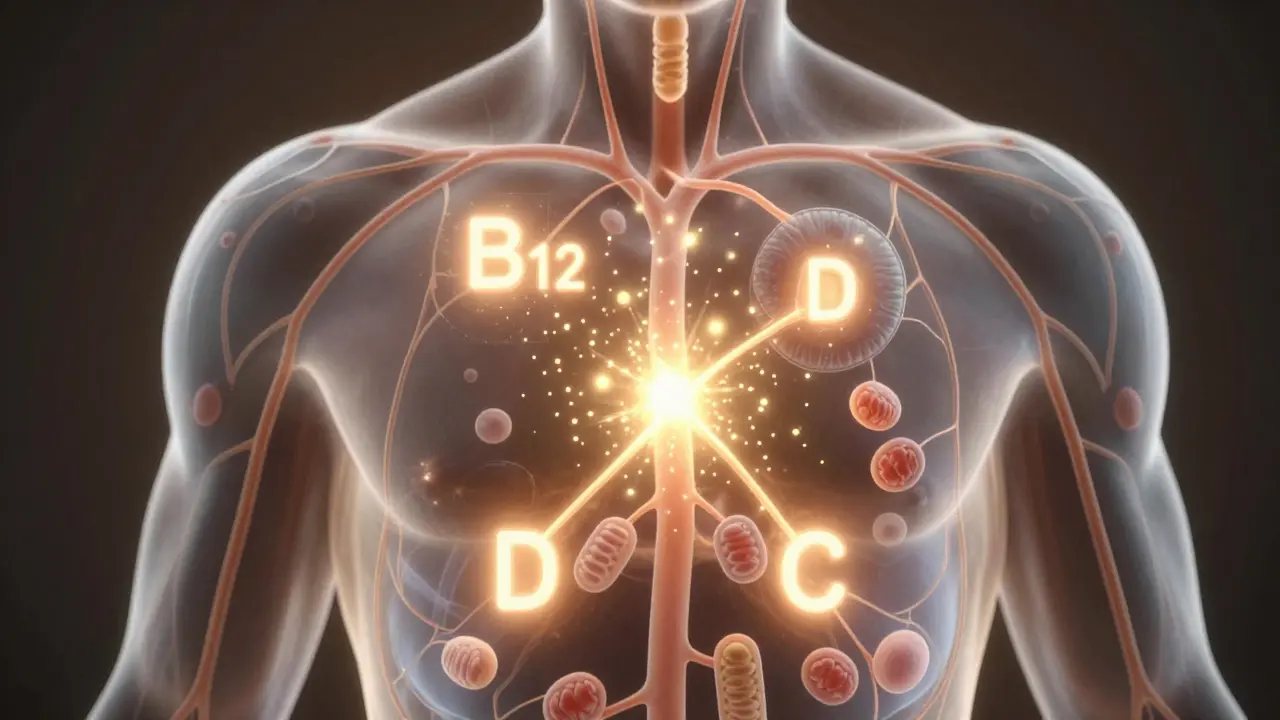 Průhledné tělo s proudy vitamínů B12, D a C přeměňujících tuk na energii.