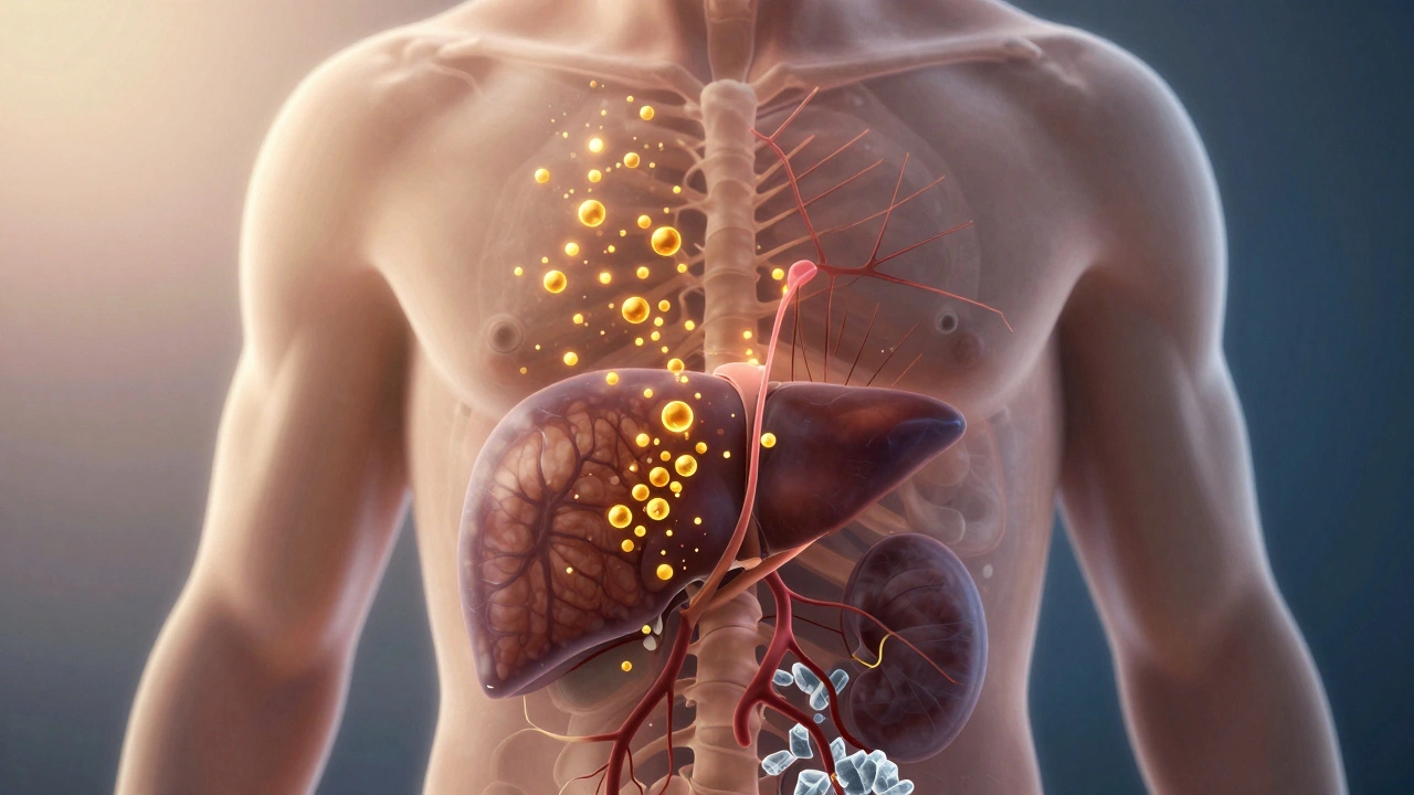 Průhledný lidský tělo s ukládáním vitamínu D a vápníku v tukové tkáni a ledvinách.