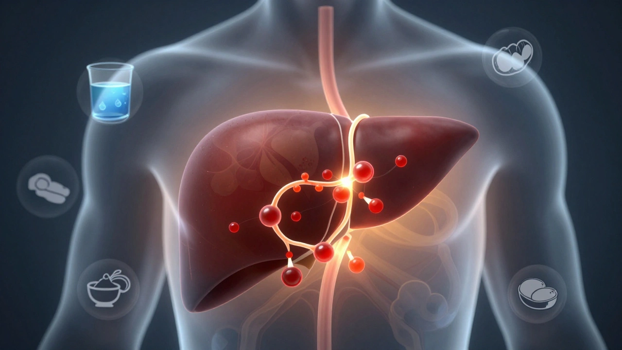 Průhledný obraz jater s proudy alkoholu přeměňovaného na bezpečné látky.