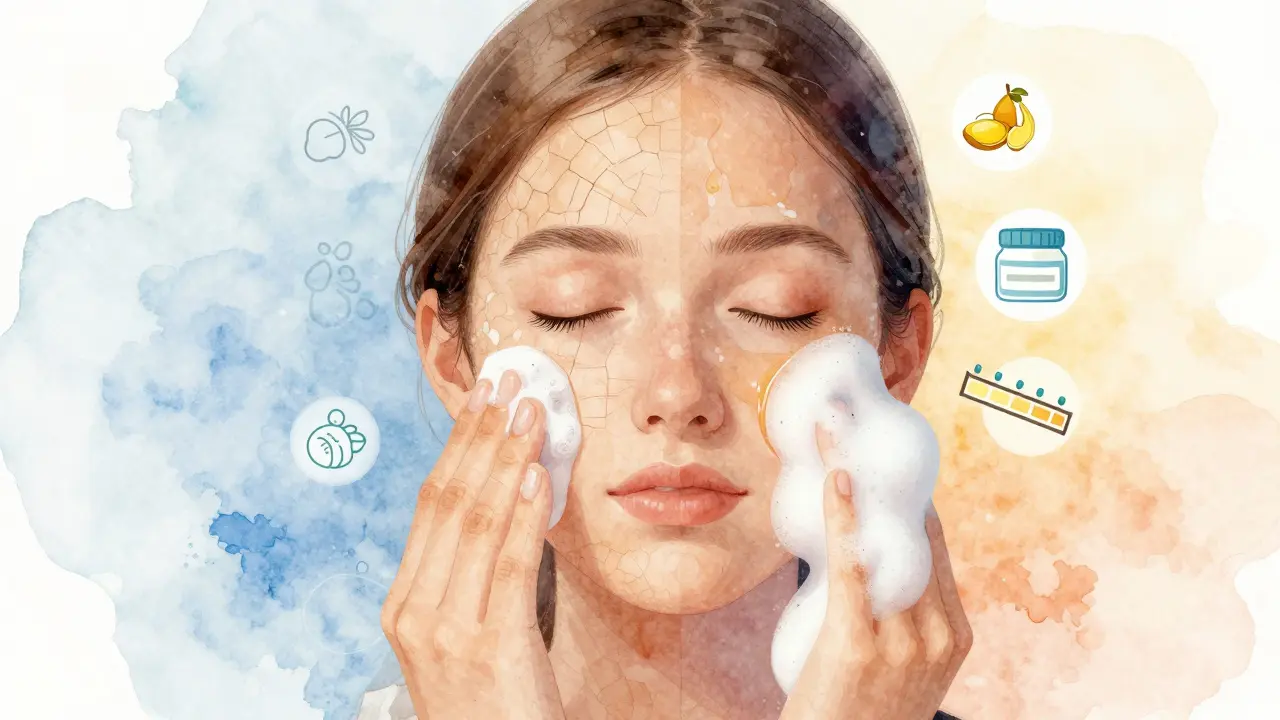 Rozdělený obličej: jedna strana suchá s olejem, druhá mastná s pěnou.