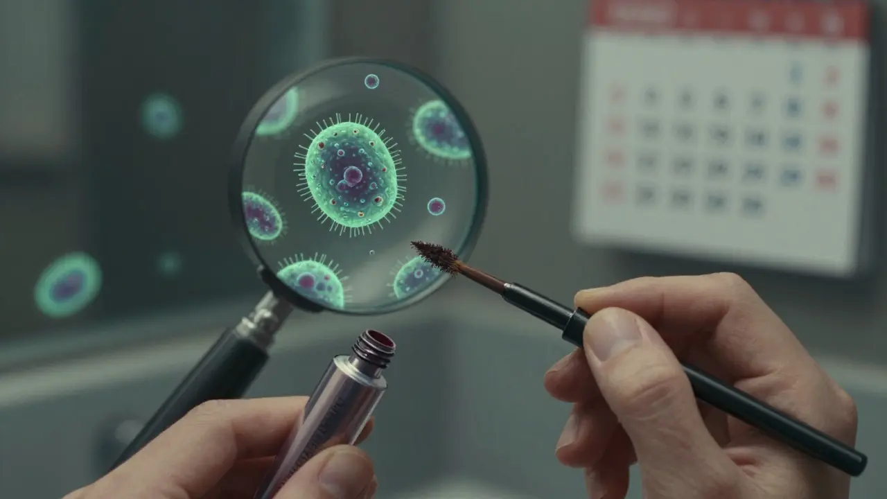 Ruka aplikující šmíru štětcem plným bakterií, zvětšené mikroby v pozadí.