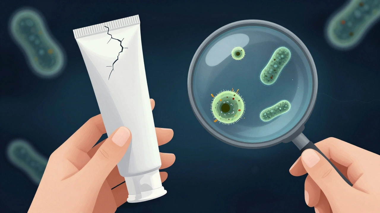 Ruka drží tubu s krémem, přes ní lupa ukazuje bakterie a plíseň uvnitř.