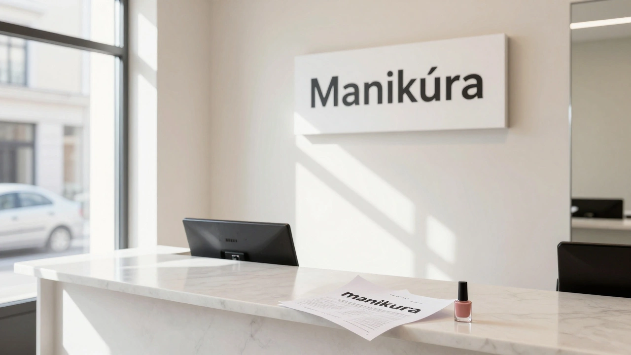 Salón krásy s nápisem &#039;Manikúra&#039; na pozadí, na stole leží chybně napsaný papír.
